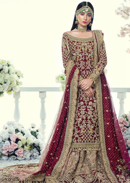 Deep Maroon Embellished Net Bridal Gown (2-Piece) - Image 4