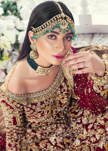 Deep Maroon Embellished Net Bridal Gown (2-Piece) - Image 7