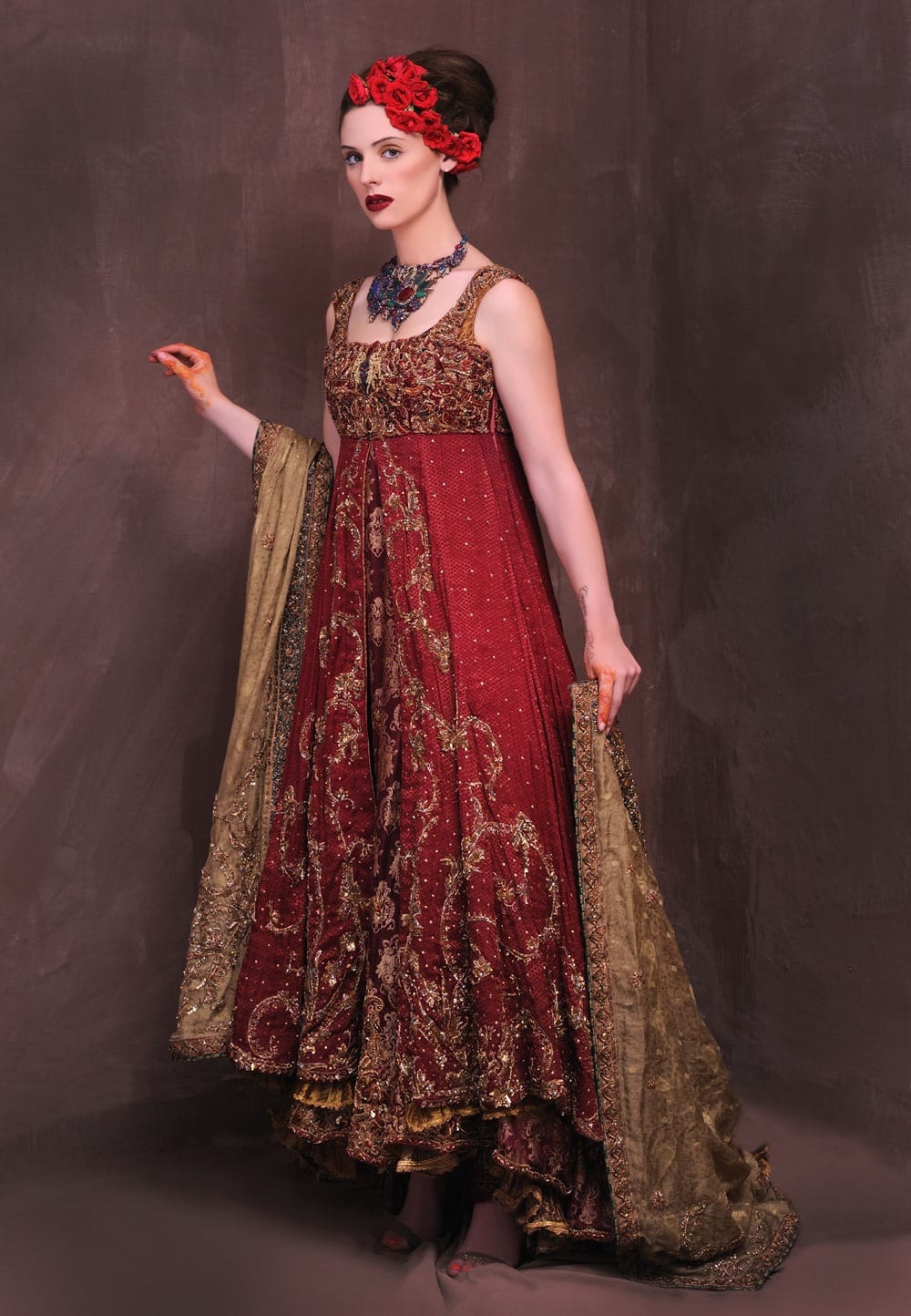Deep Maroon Zardozi Net Gown (2-Piece) - Image 1