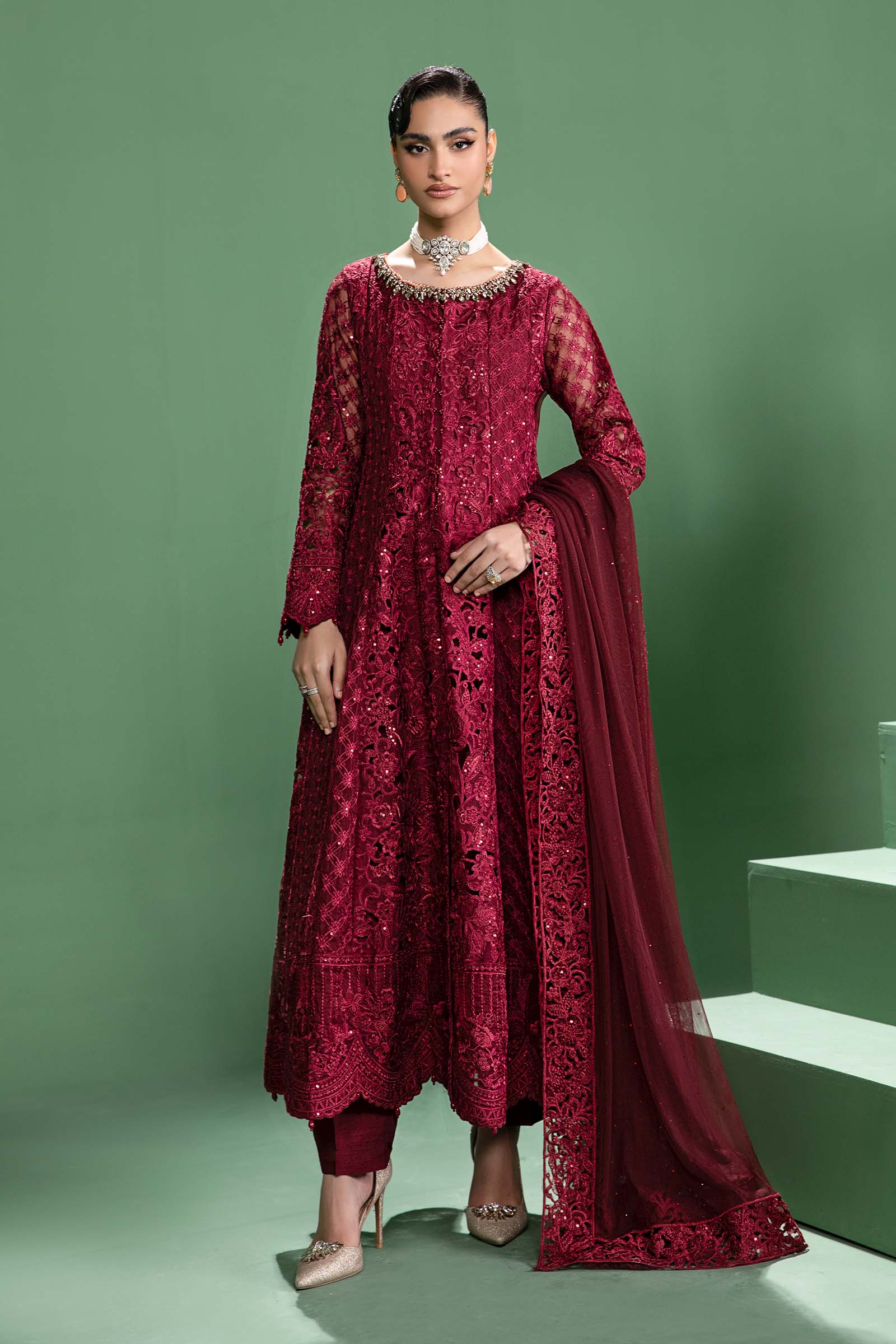 Pakistani Maroon Embroidered Organza Gown (3-Piece) - Image 1