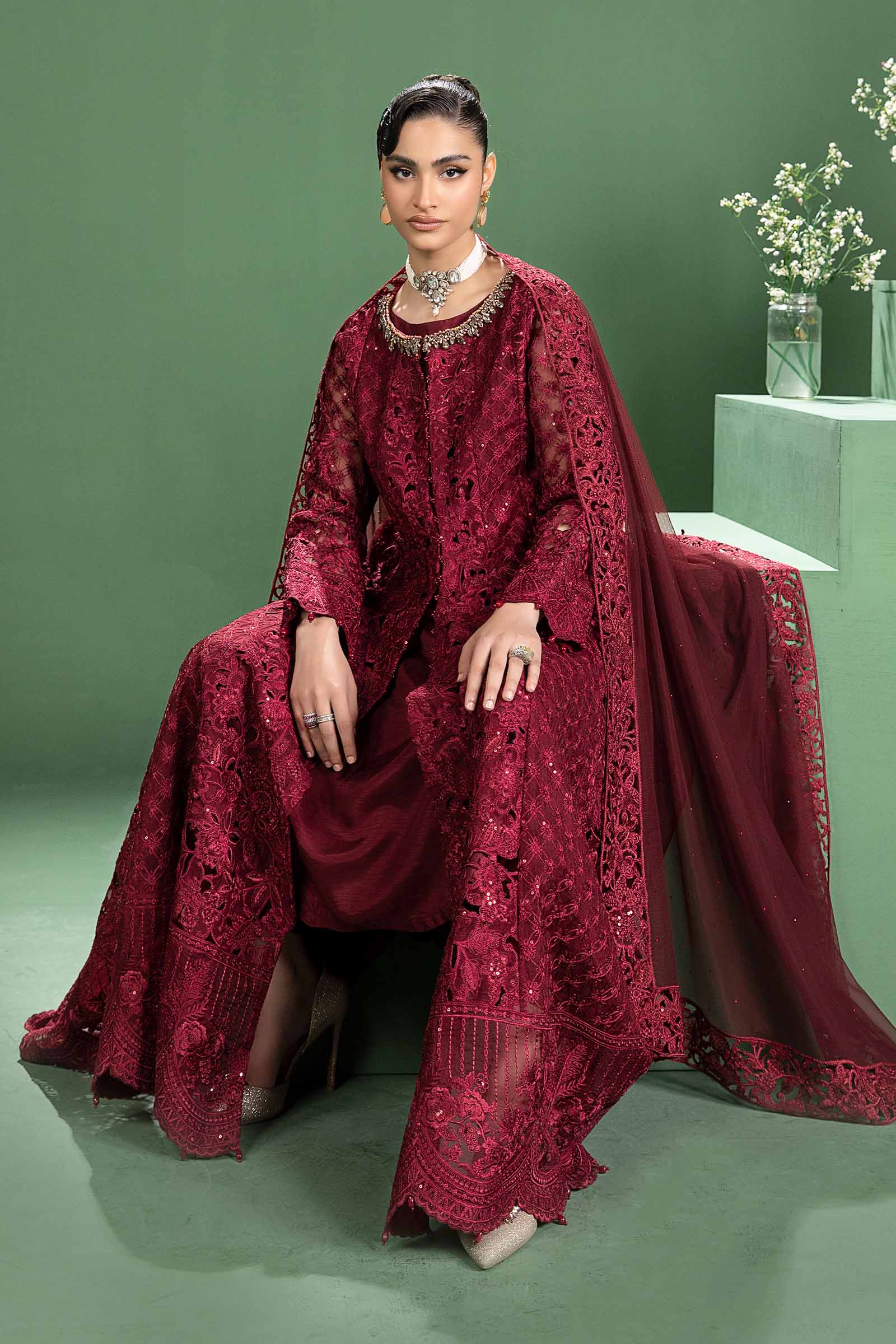 Pakistani Maroon Embroidered Organza Gown (3-Piece) - Image 4