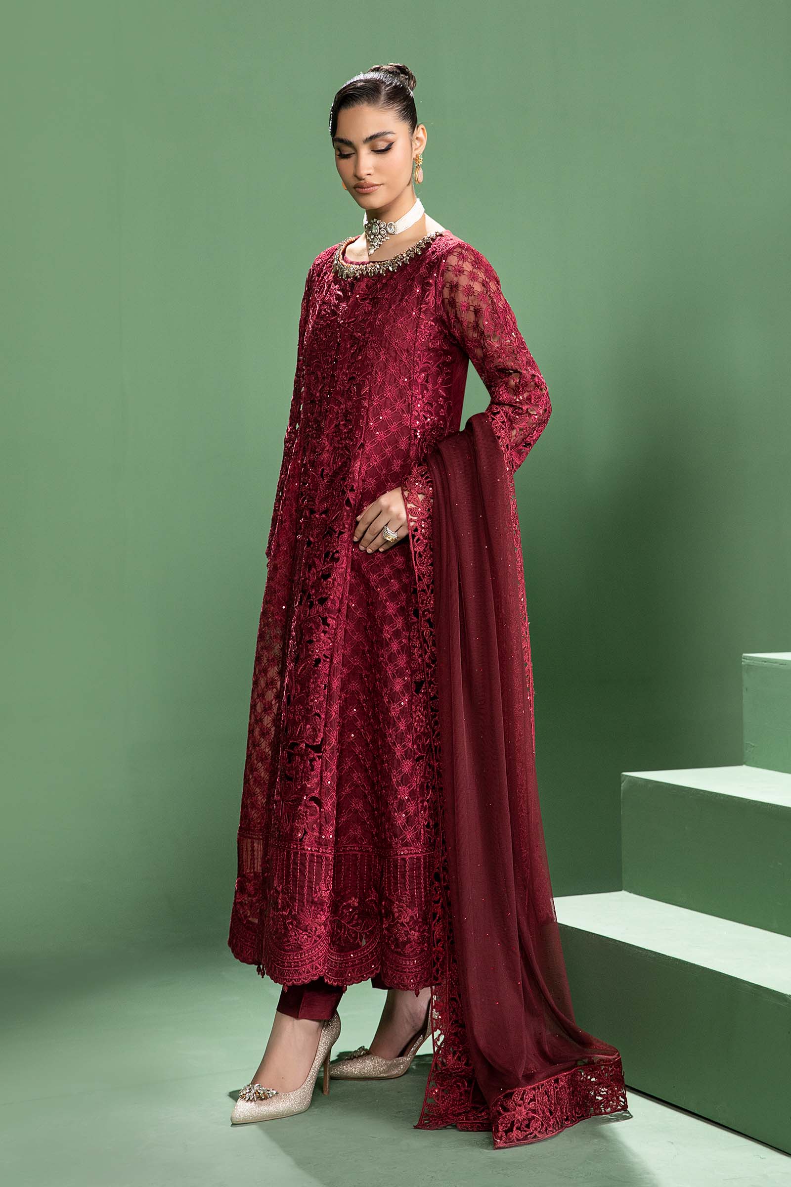 Pakistani Maroon Embroidered Organza Gown (3-Piece) - Image 5