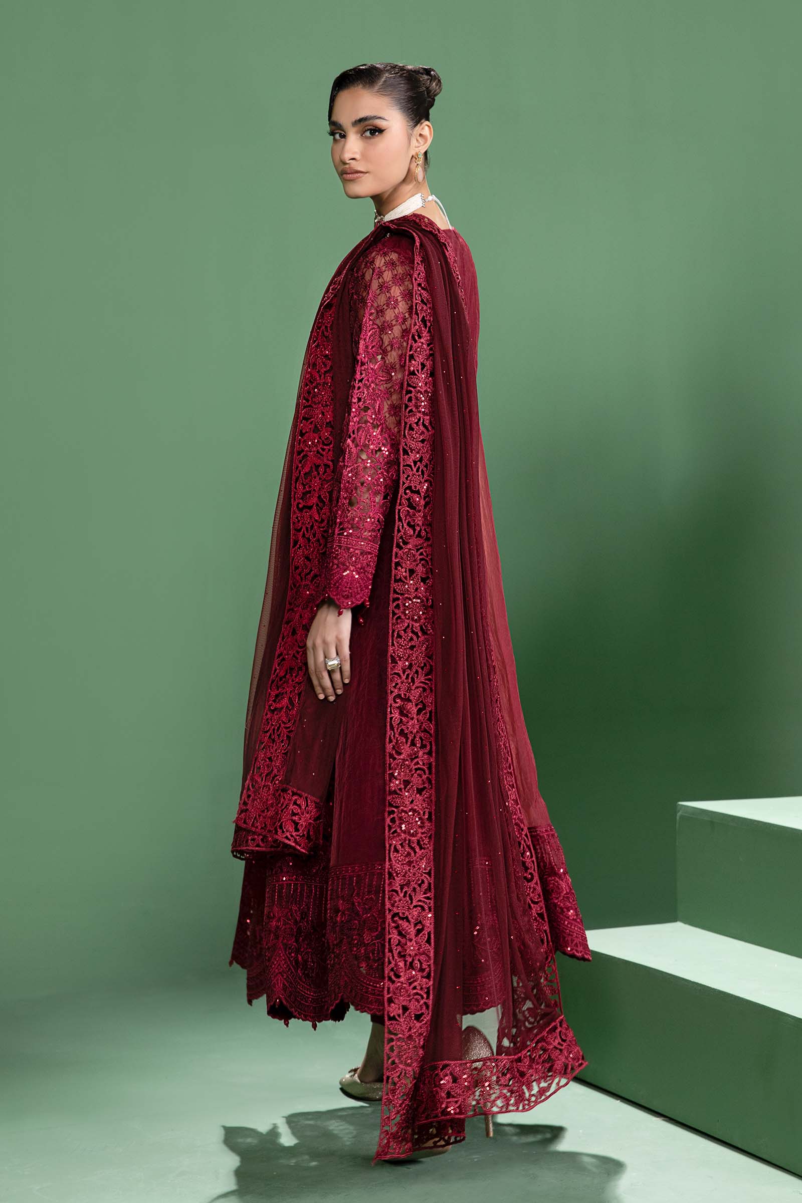 Pakistani Maroon Embroidered Organza Gown (3-Piece) - Image 6