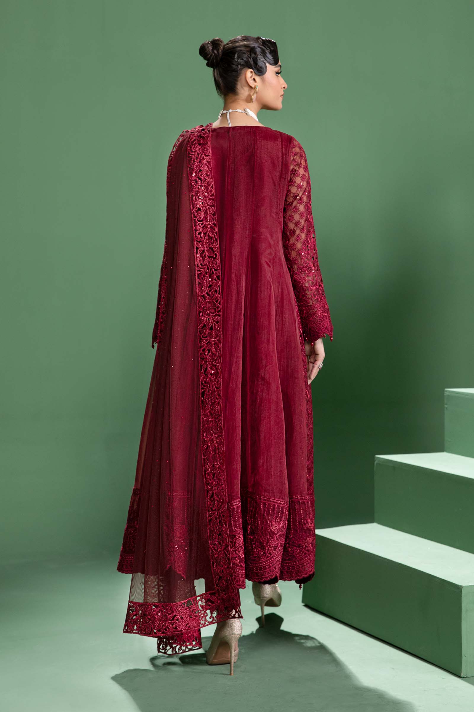 Pakistani Maroon Embroidered Organza Gown (3-Piece) - Image 7