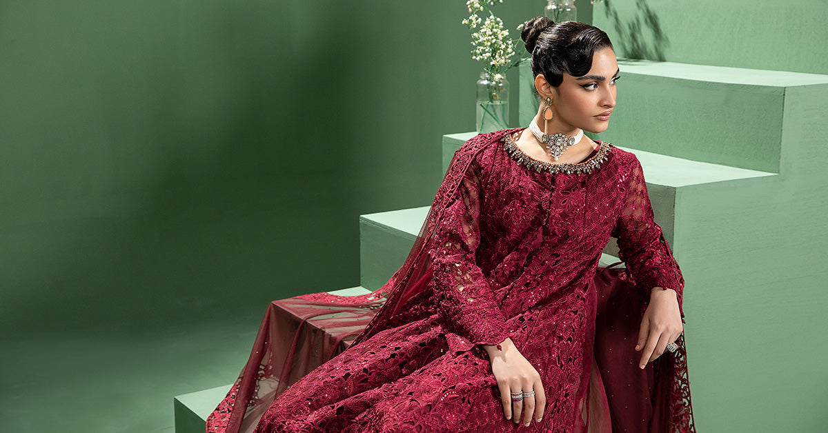 Pakistani Maroon Embroidered Organza Gown (3-Piece) - Image 8