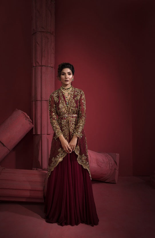 Maroon Gold Embroidered Organza Jacket with Georgette Gown (2-Piece) - Image 2