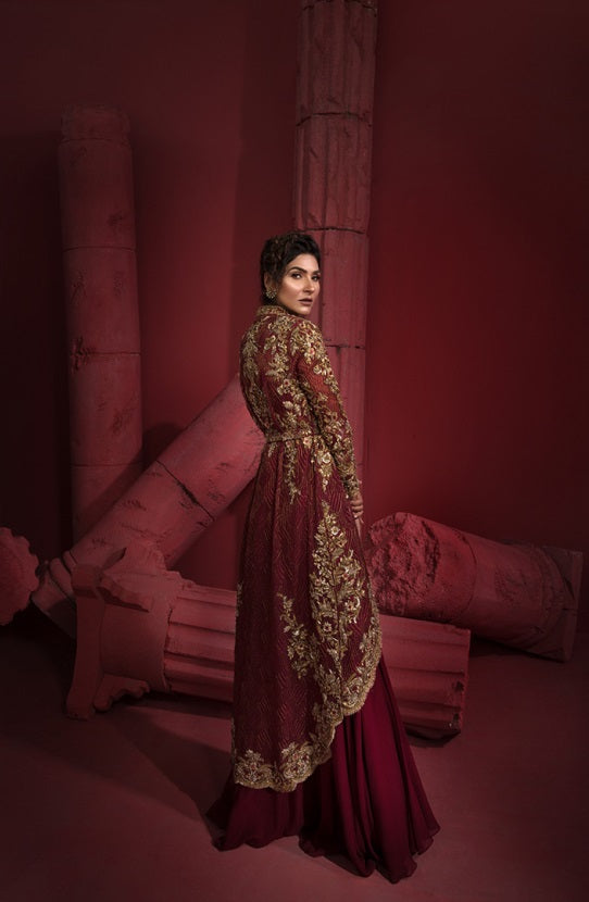 Maroon Gold Embroidered Organza Jacket with Georgette Gown (2-Piece) - Image 3