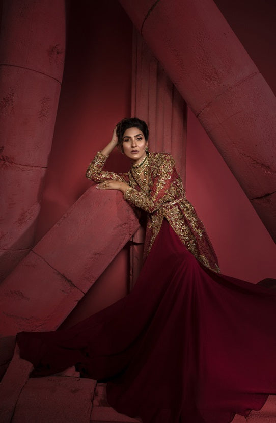 Maroon Gold Embroidered Organza Jacket with Georgette Gown (2-Piece) - Image 5