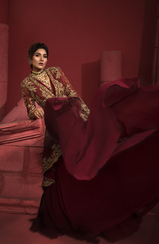 Pakistani Maroon Gold Embroidered Organza Jacket Gown (2-Piece) - Image 4