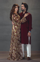 Pakistani Maroon Hand-Embellished Organza Jacket & Gown (2-Piece) - Image 3