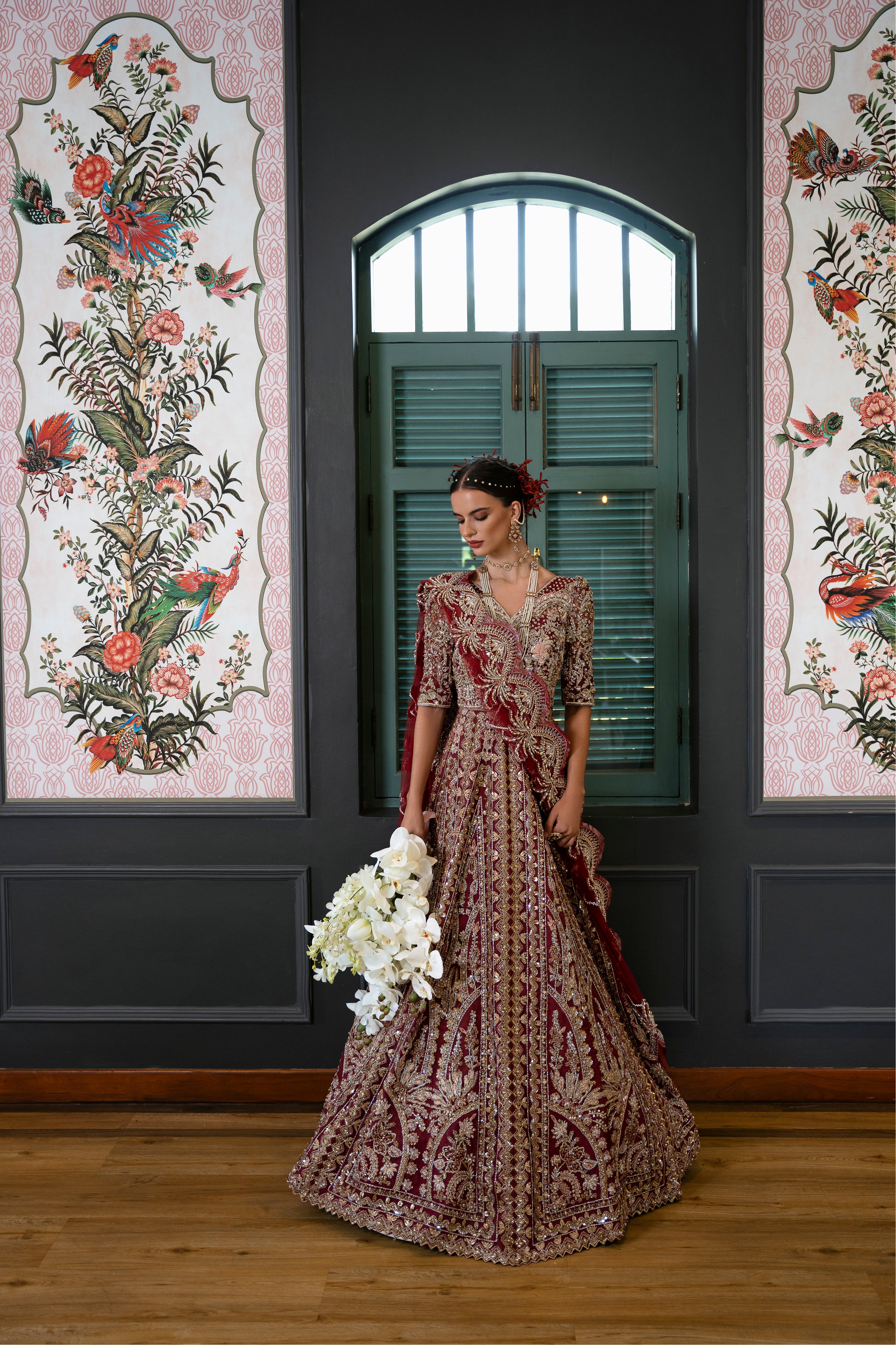 Pakistani Deep Maroon Embroidered Organza Mermaid-Cut Bridal Gown (2-Piece) - Image 1