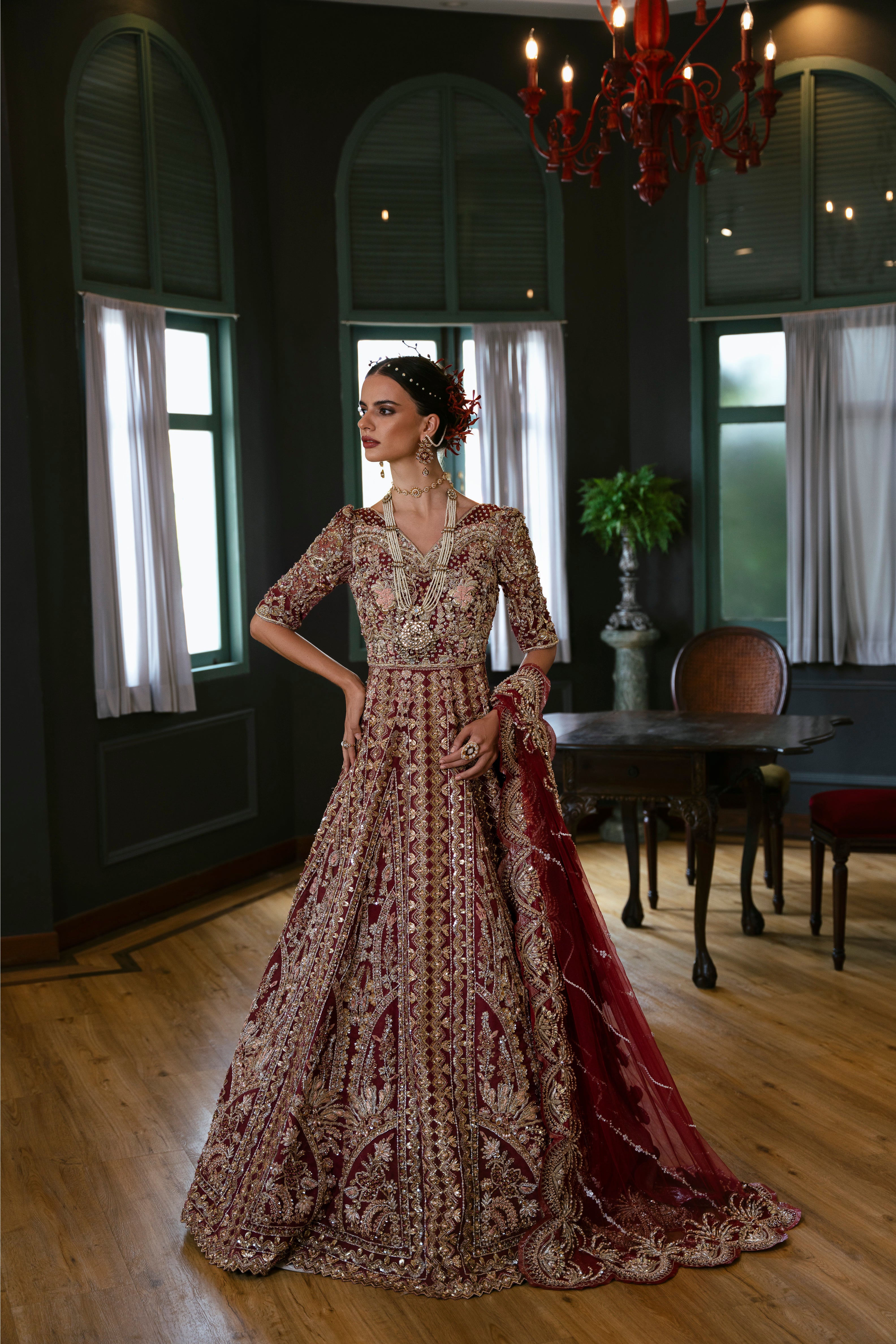 Pakistani Deep Maroon Embroidered Organza Mermaid-Cut Bridal Gown (2-Piece) - Image 3