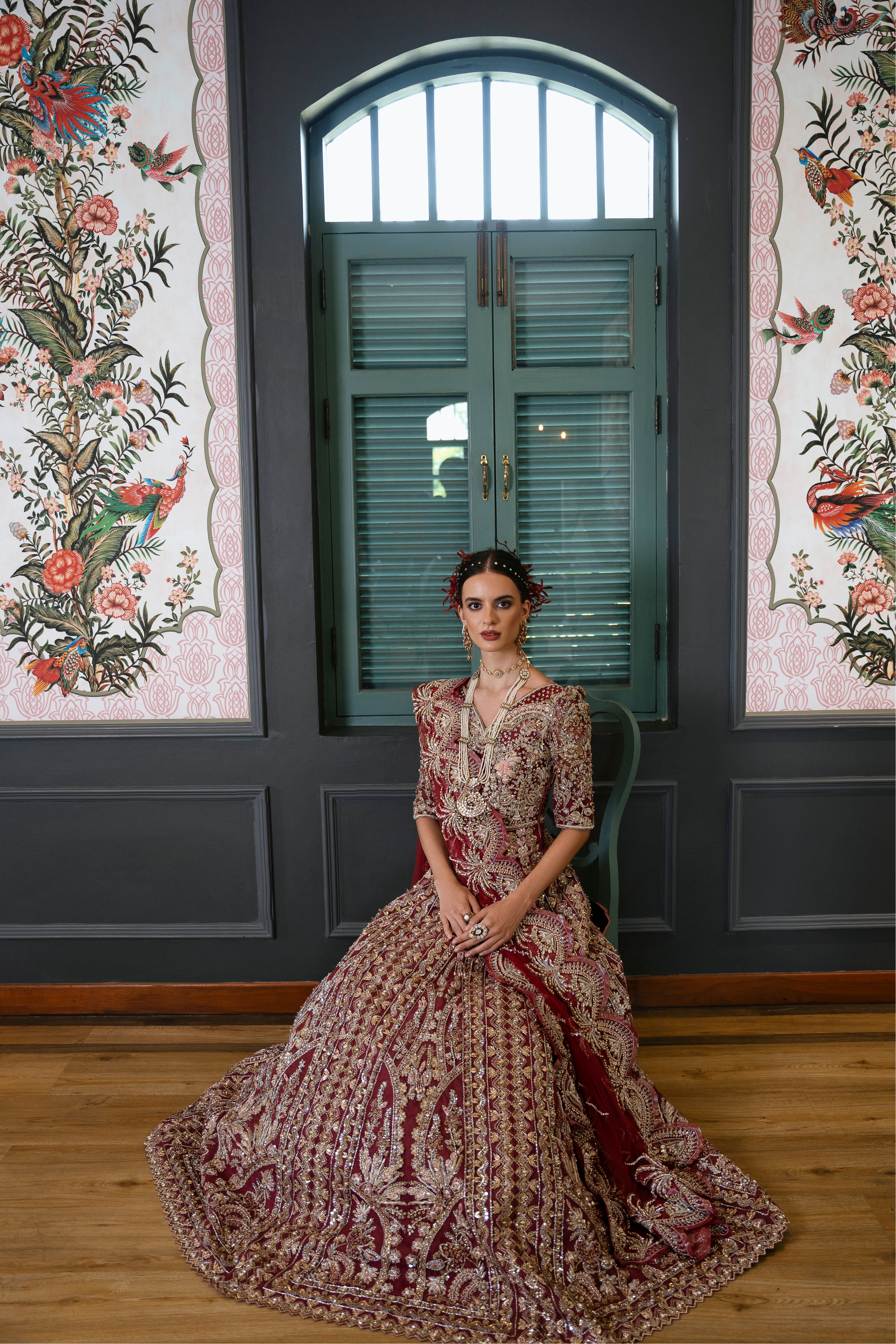 Pakistani Deep Maroon Embroidered Organza Mermaid-Cut Bridal Gown (2-Piece) - Image 4