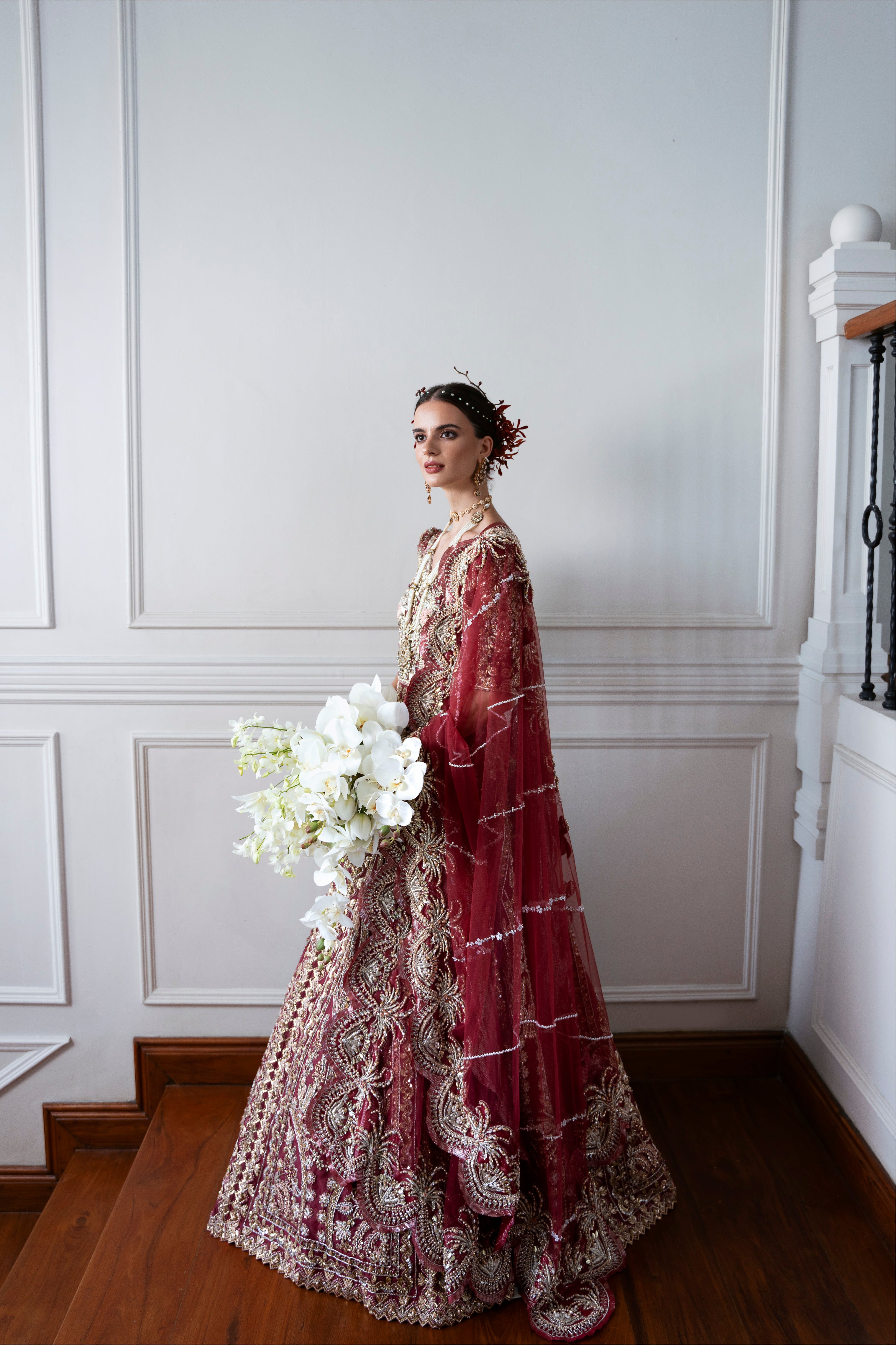 Pakistani Deep Maroon Embroidered Organza Mermaid-Cut Bridal Gown (2-Piece) - Image 6