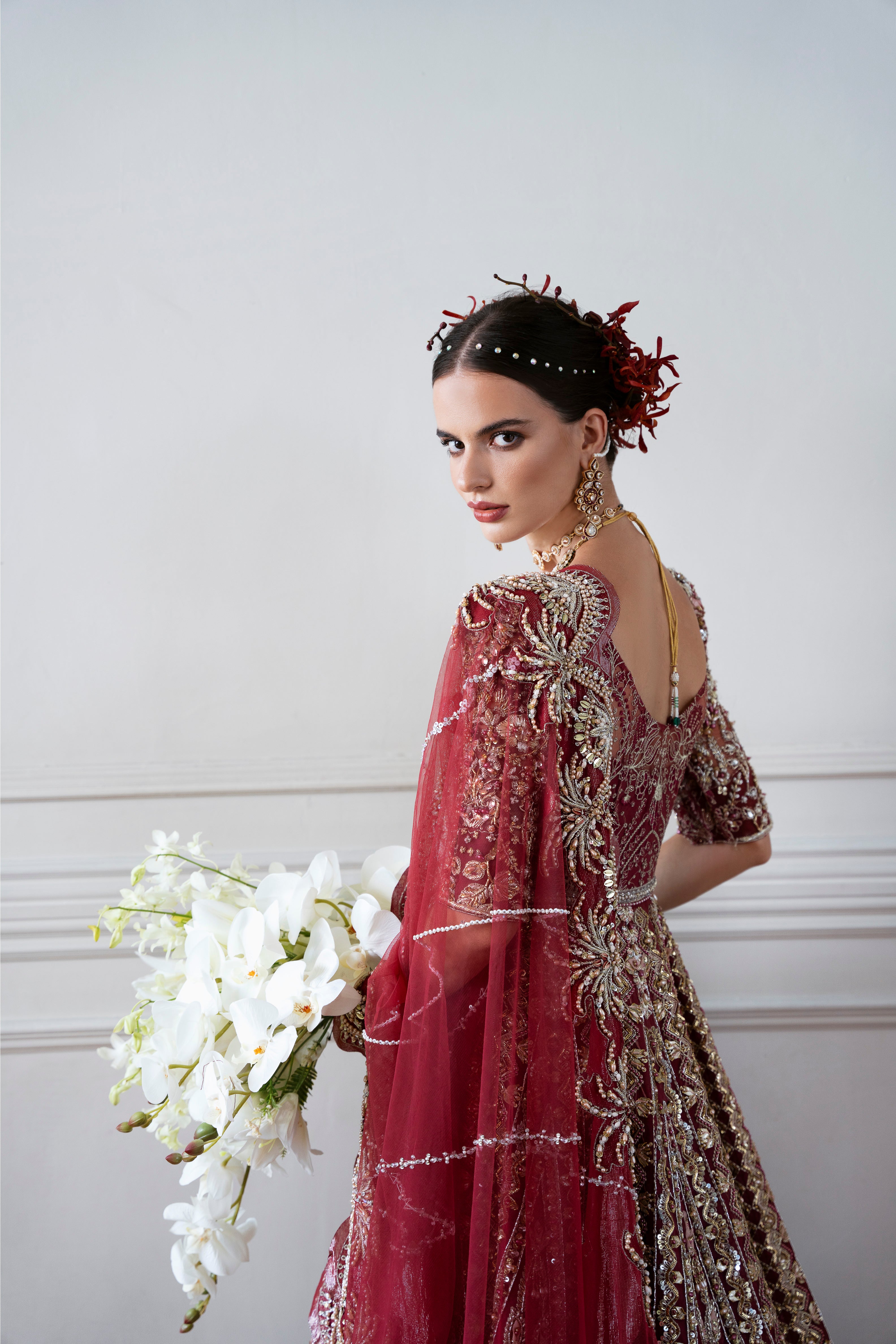 Pakistani Deep Maroon Embroidered Organza Mermaid-Cut Bridal Gown (2-Piece) - Image 8