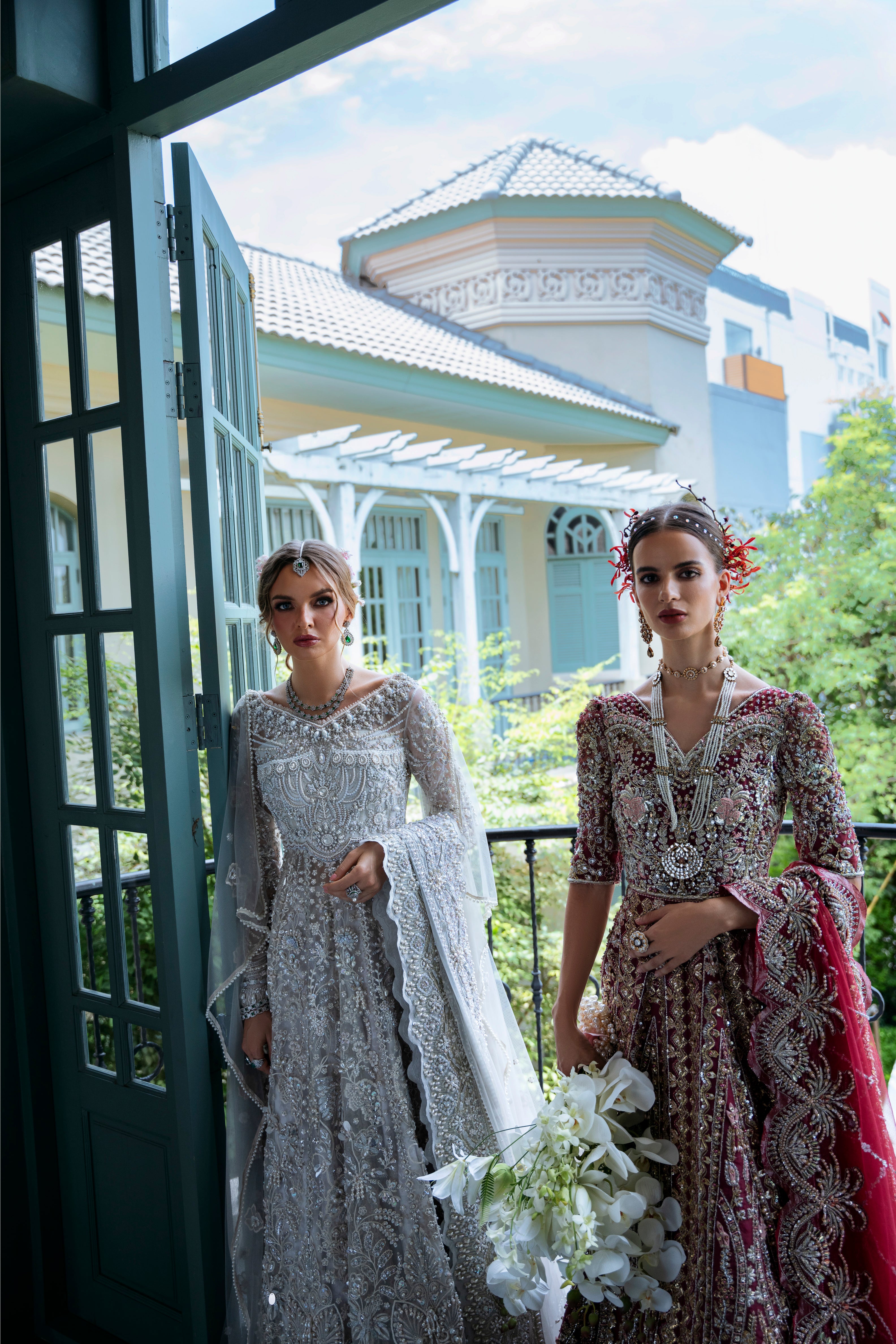 Pakistani Deep Maroon Embroidered Organza Mermaid-Cut Bridal Gown (2-Piece) - Image 9