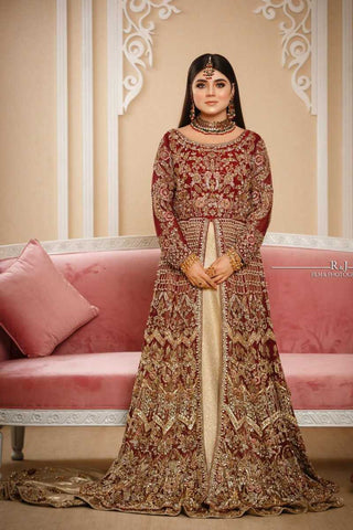 Deep Maroon Zardozi Net Bridal Gown (2-Piece) - Image 2