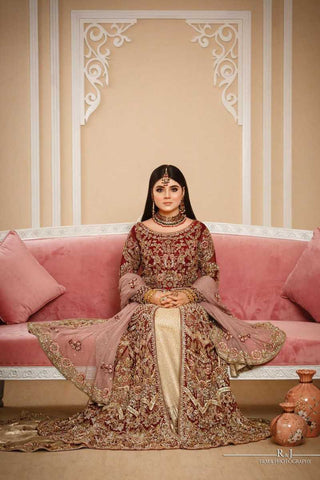 Deep Maroon Zardozi Net Bridal Gown (2-Piece) - Image 3