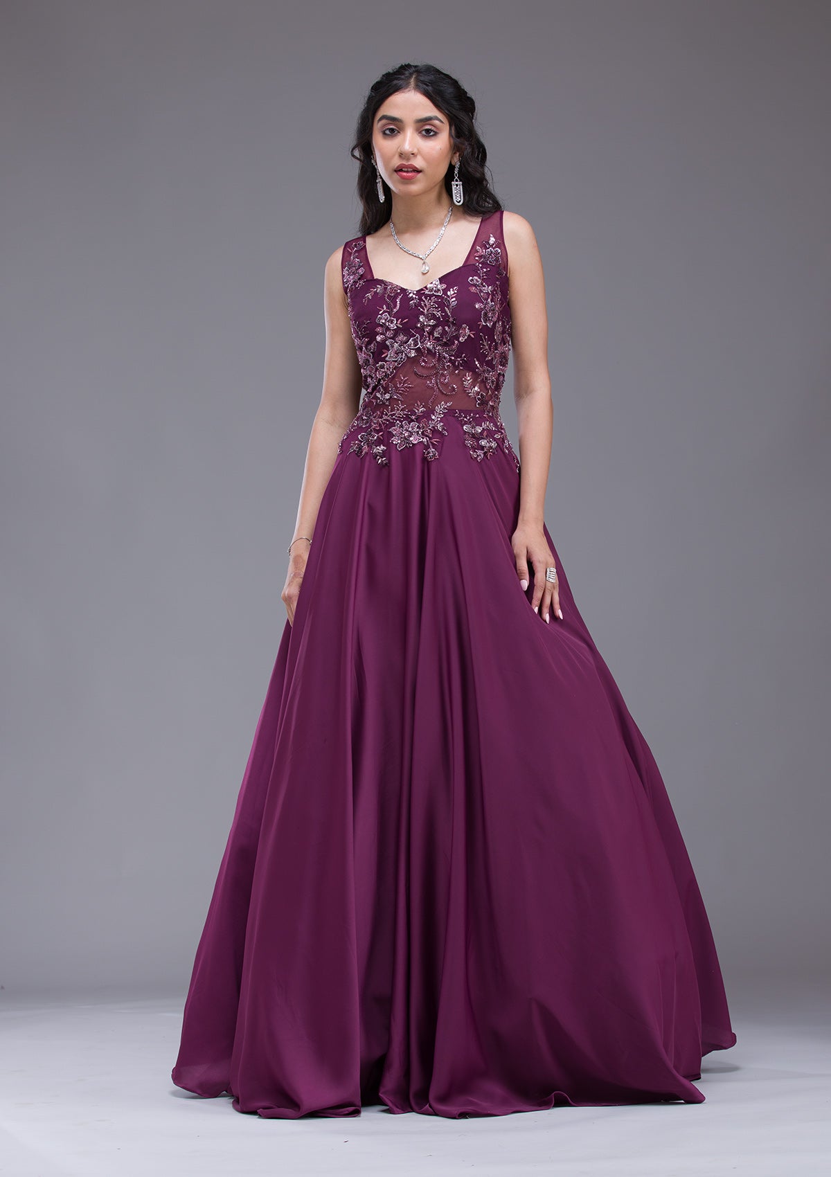 Indian Wine Sequin Embroidered Satin Net Gown (1-Pc) - Image 1
