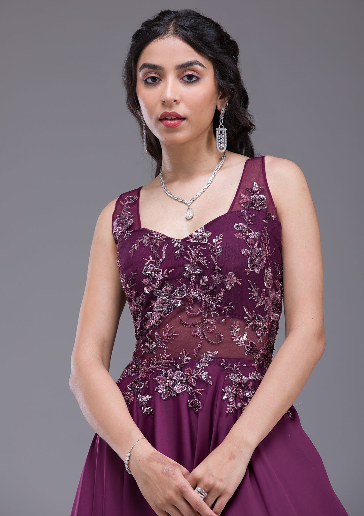 Indian Wine Sequin Embroidered Satin Net Gown (1-Pc) - Image 3