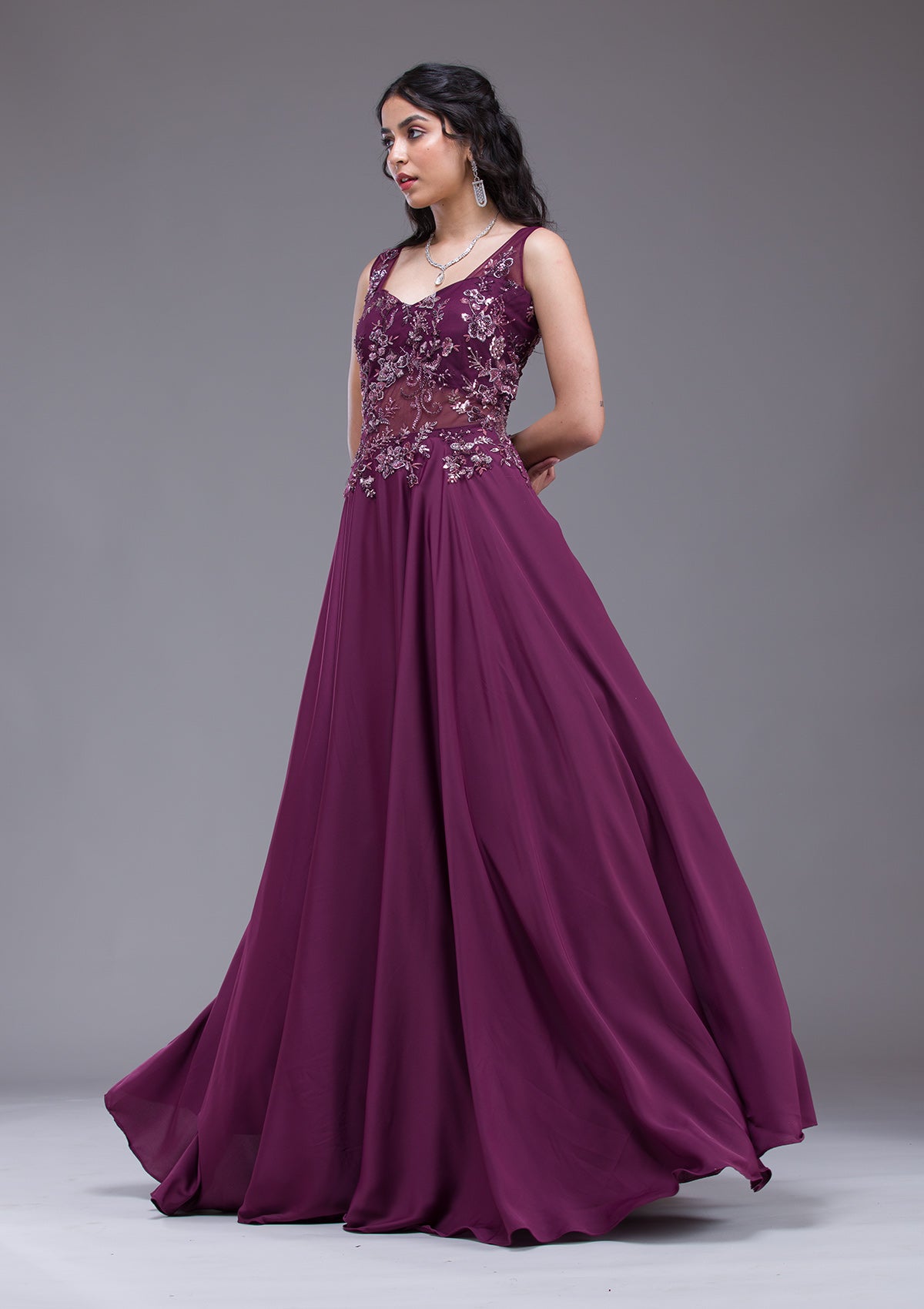 Indian Wine Sequin Embroidered Satin Net Gown (1-Pc) - Image 4