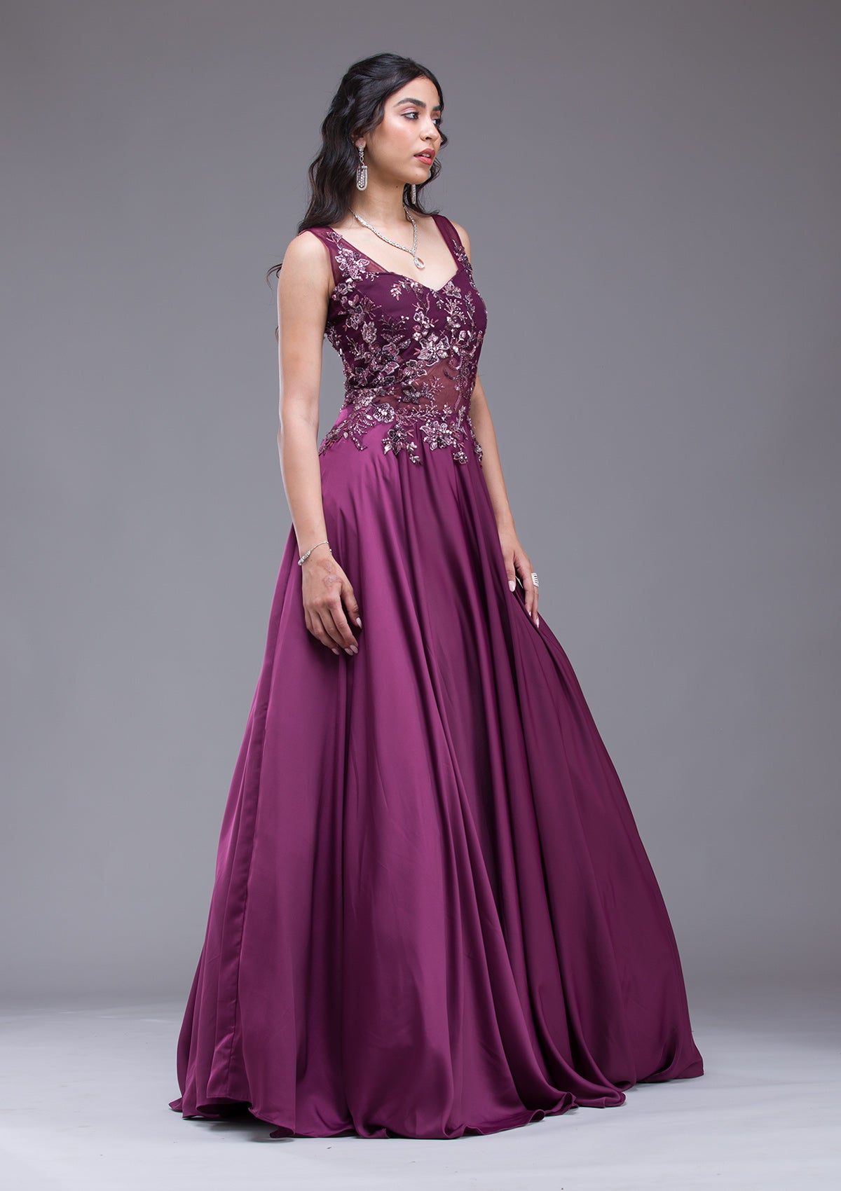 Indian Wine Sequin Embroidered Satin Net Gown (1-Pc) - Image 5