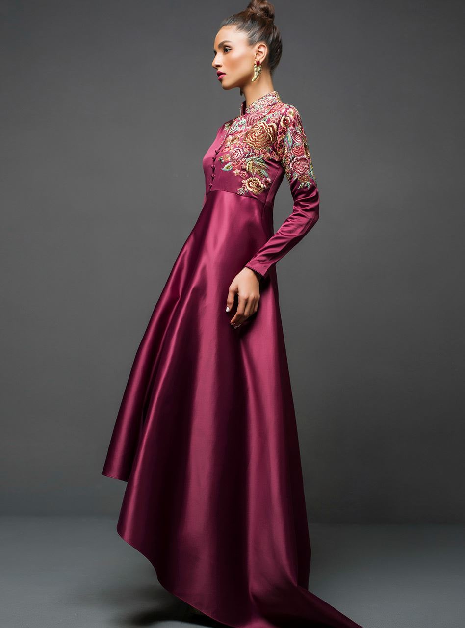 Maroon Embroidered Silk Asymmetrical Gown (1-Pc) - Image 2
