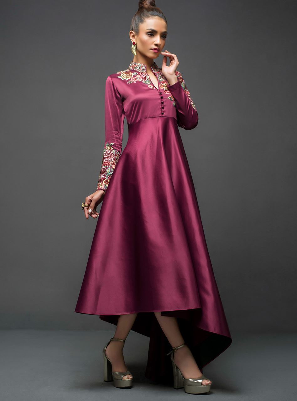 Maroon Embroidered Silk Asymmetrical Gown (1-Pc) - Image 3