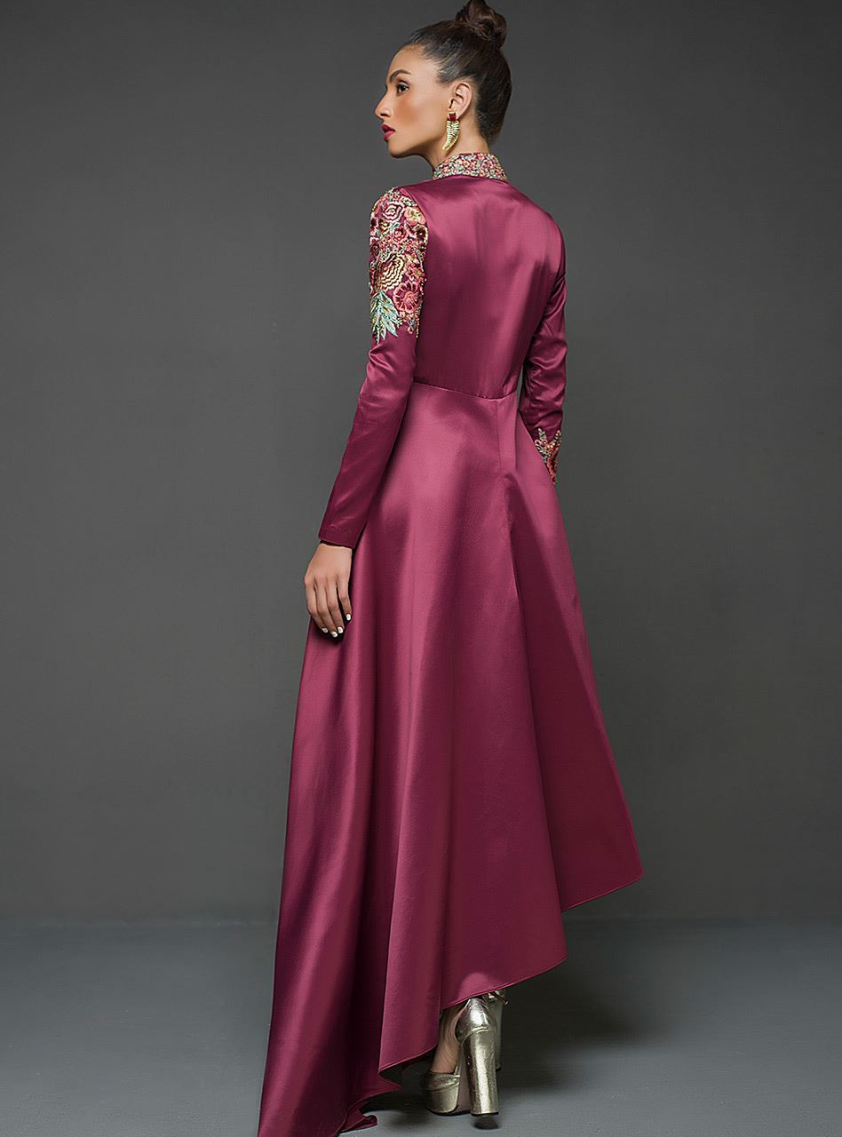Maroon Embroidered Silk Asymmetrical Gown (1-Pc) - Image 4