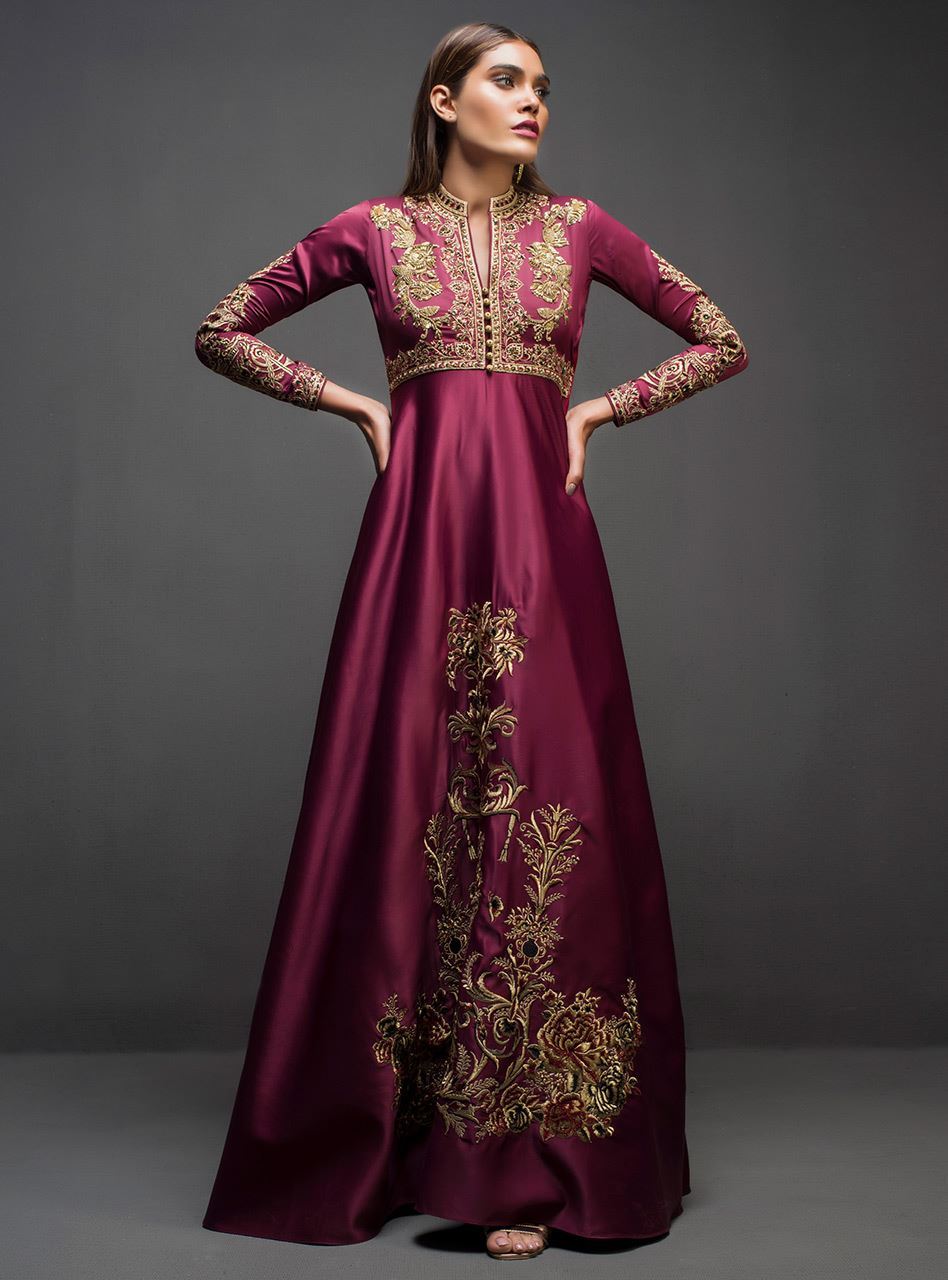 Pakistani Maroon Gold Tilla Embroidered Silk Gown (1-Pc) - Image 2