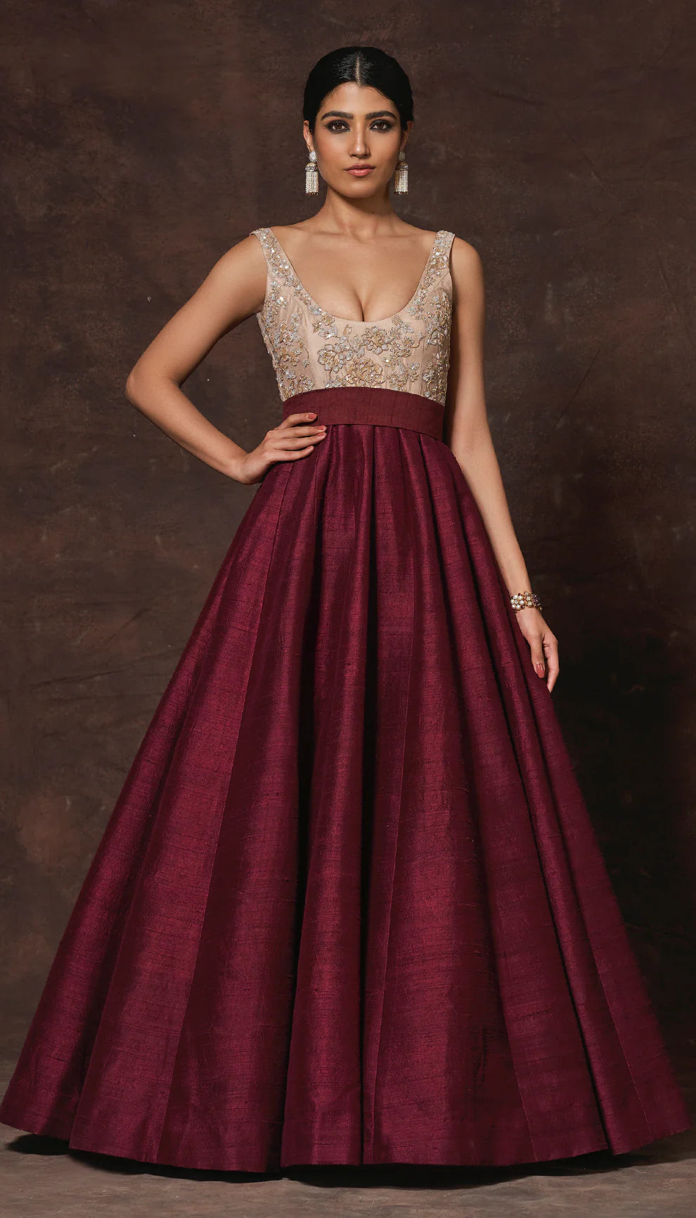 Wine Nude Embellished Silk-Blend Evening Gown (1-Pc) - Image 1