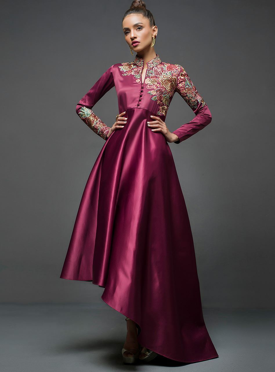 Maroon Embroidered Silk Asymmetrical Gown (1-Pc) - Image 1
