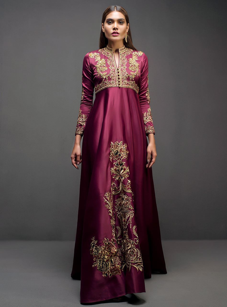 Maroon Gold Tilla Silk Victorian Gown (1-Pc) - Image 1