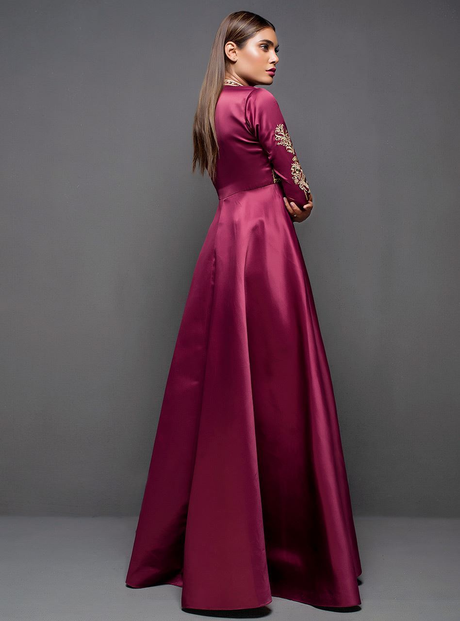 Maroon Gold Tilla Silk Victorian Gown (1-Pc) - Image 3