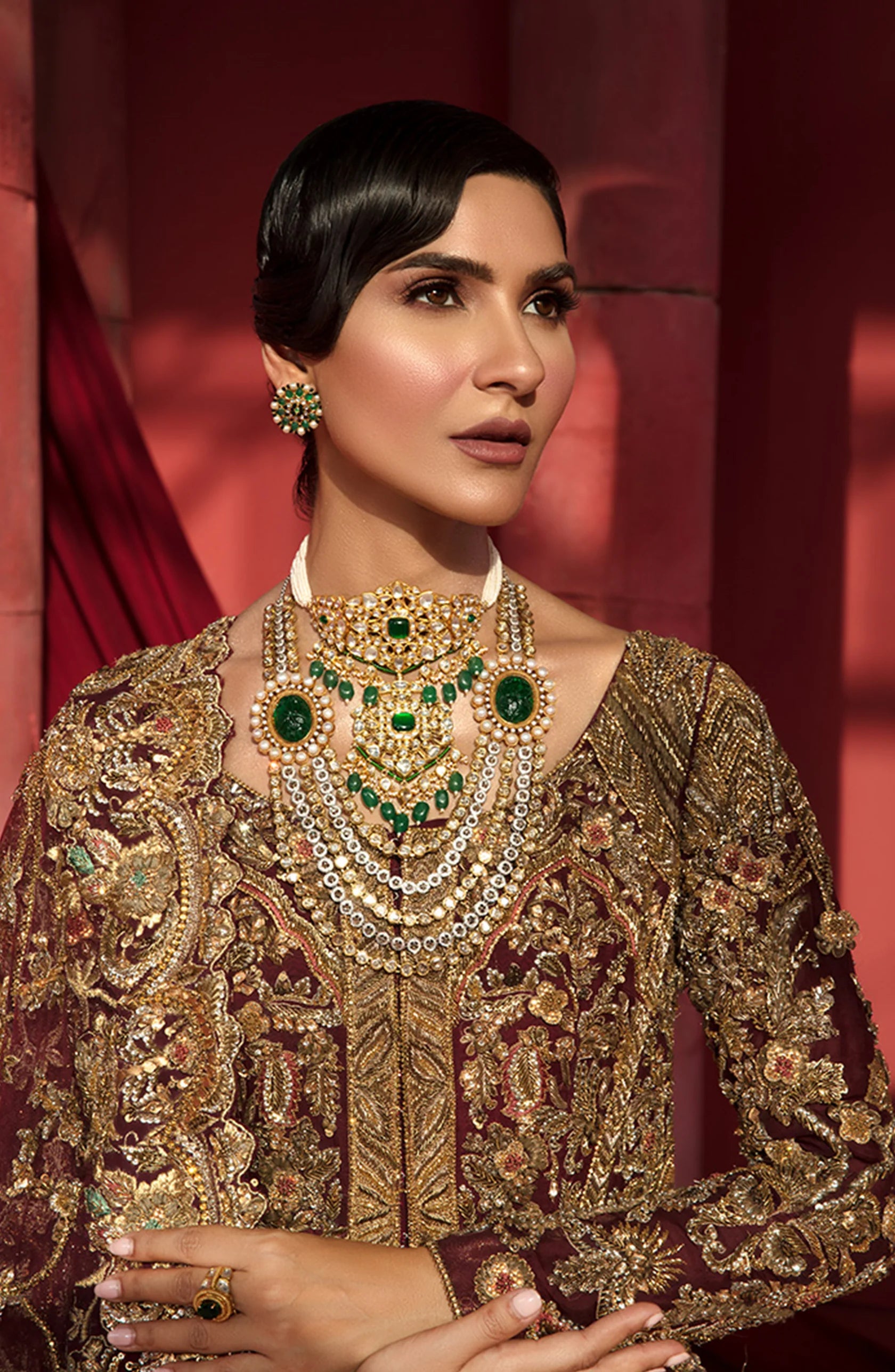 Pakistani Maroon Gold Embroidered Silk Bridal Gown (2-Piece) - Image 1