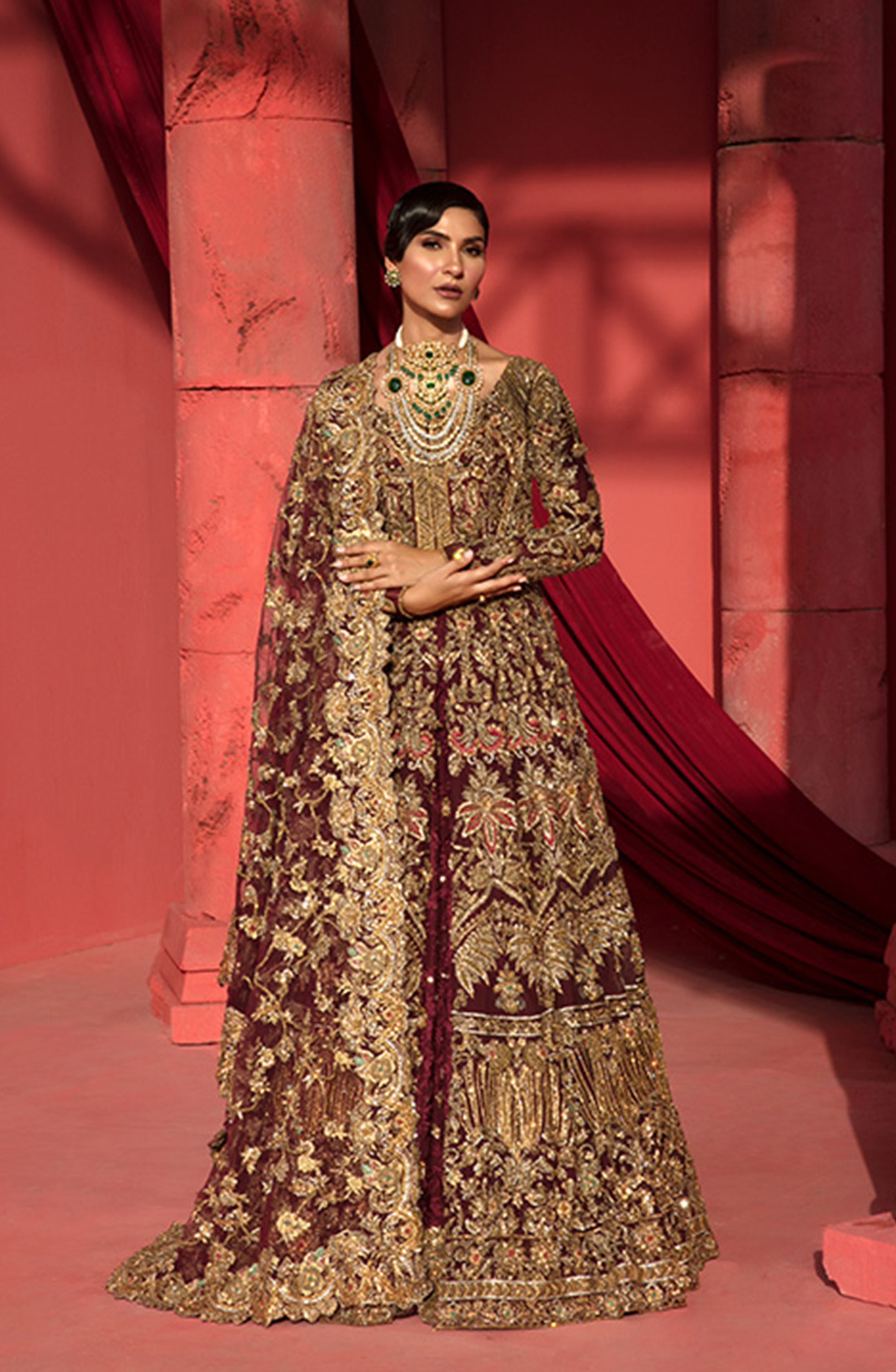 Pakistani Maroon Gold Embroidered Silk Bridal Gown (2-Piece) - Image 2