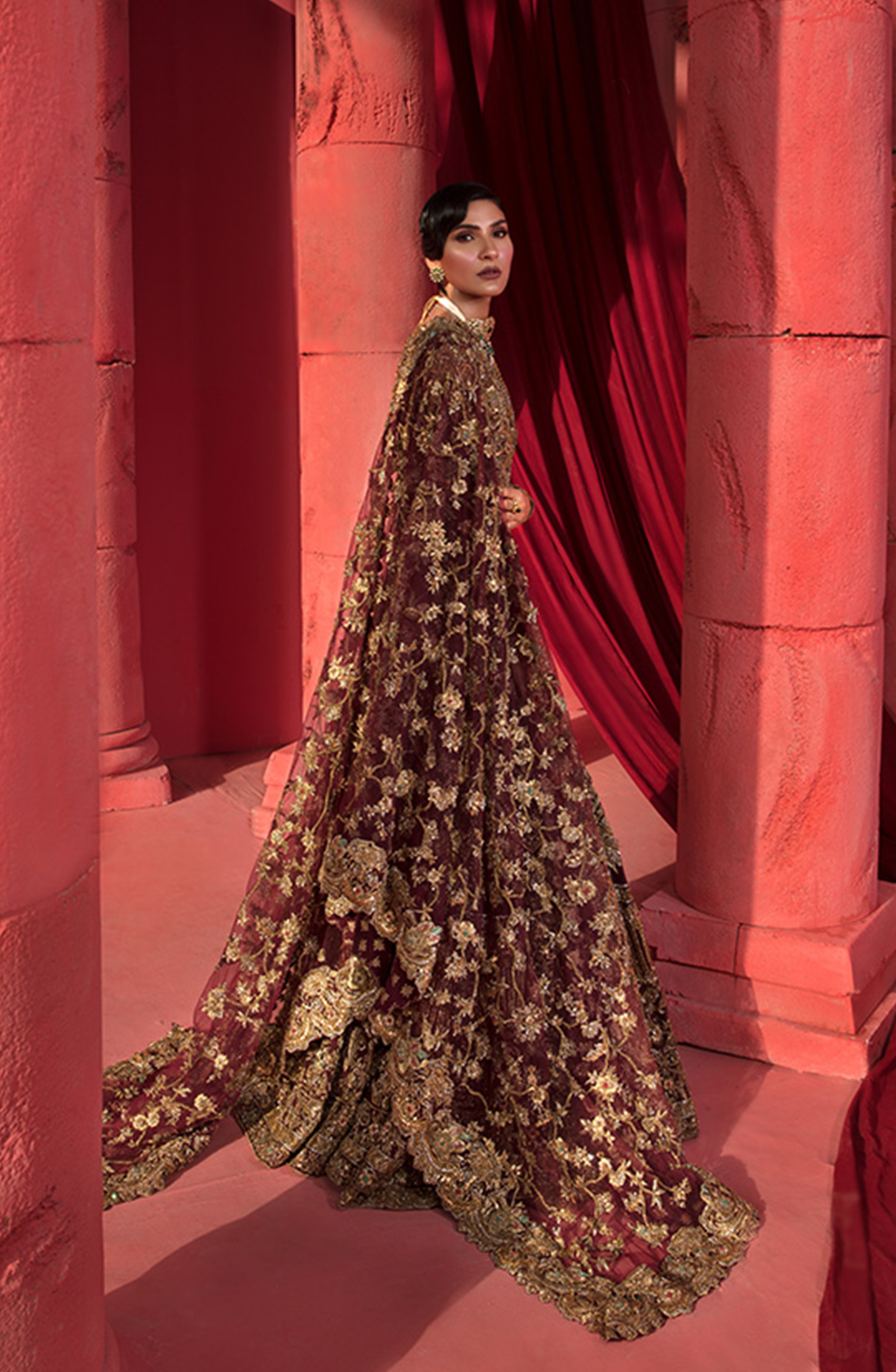 Pakistani Maroon Gold Embroidered Silk Bridal Gown (2-Piece) - Image 3
