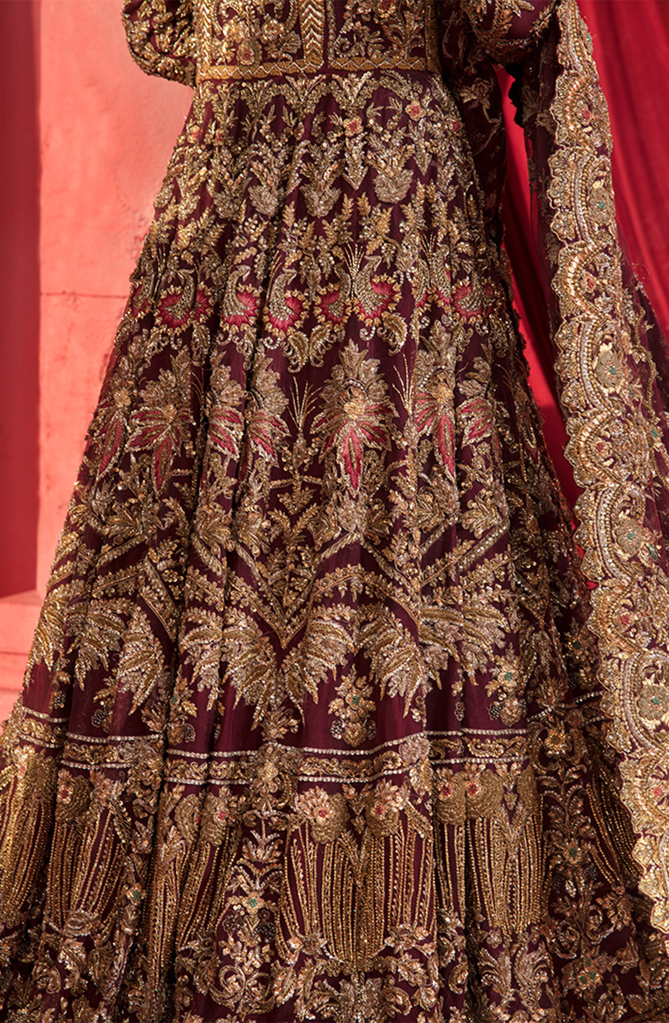 Pakistani Maroon Gold Embroidered Silk Bridal Gown (2-Piece) - Image 4
