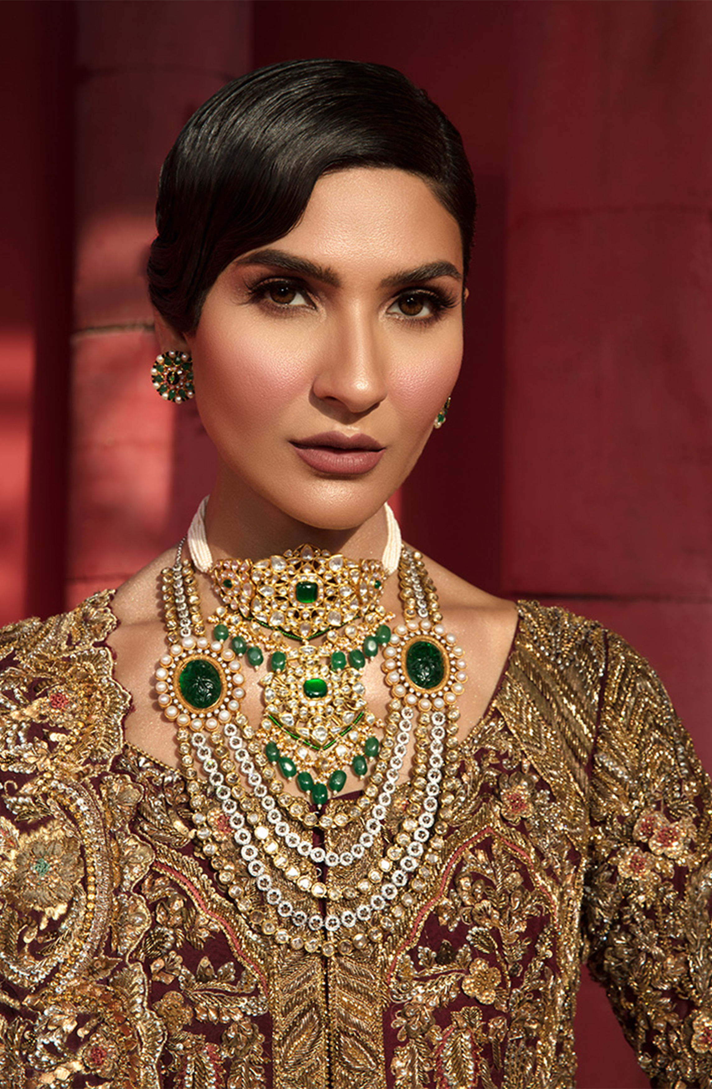 Pakistani Maroon Gold Embroidered Silk Bridal Gown (2-Piece) - Image 5