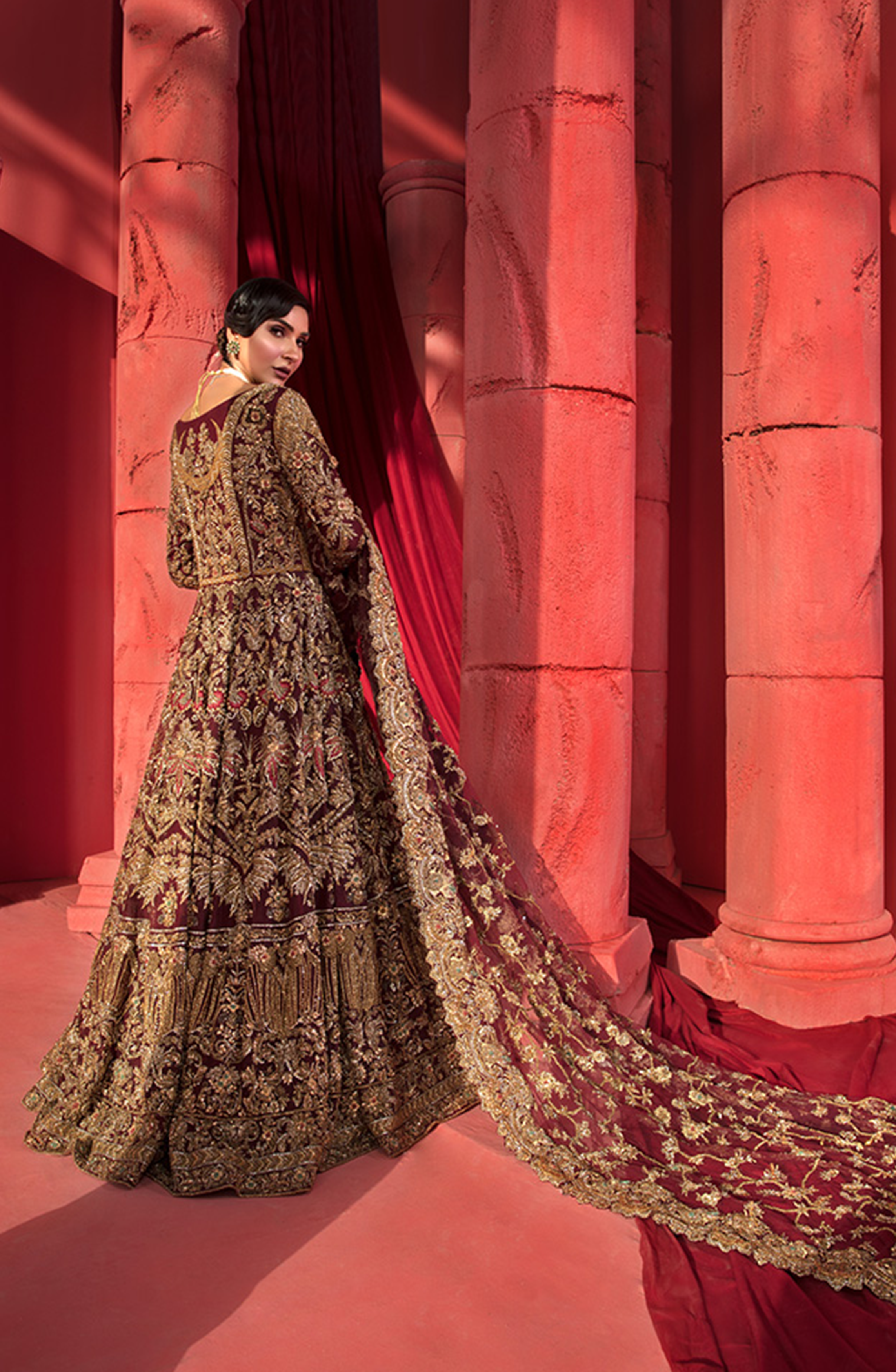 Pakistani Maroon Gold Embroidered Silk Bridal Gown (2-Piece) - Image 6