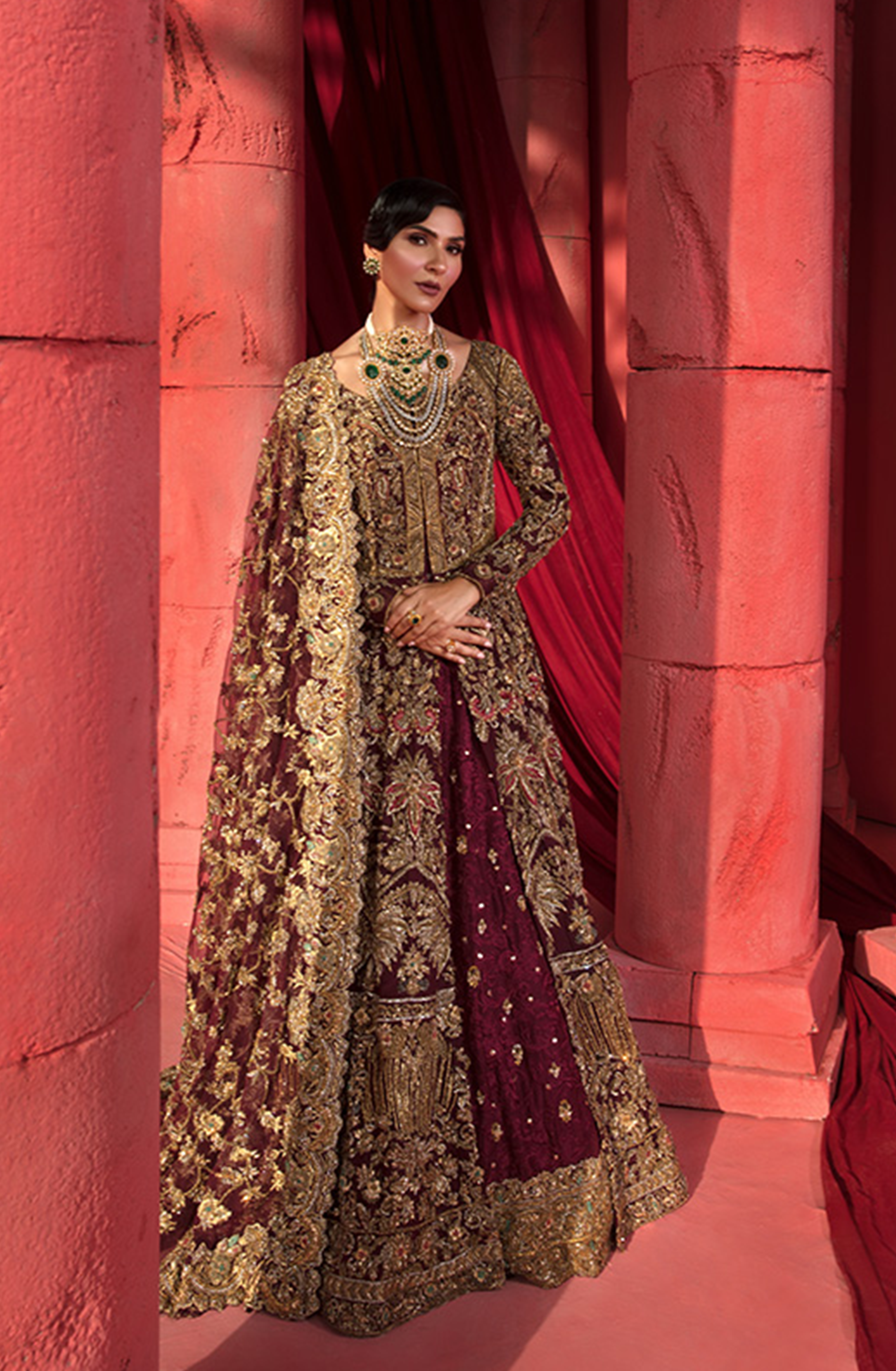 Pakistani Maroon Gold Embroidered Silk Bridal Gown (2-Piece) - Image 8