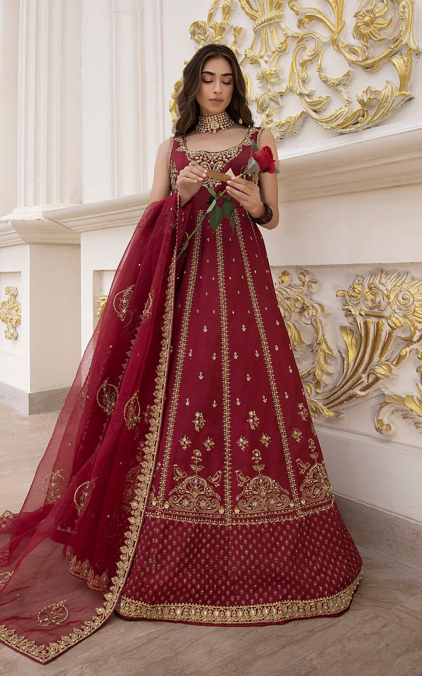 Pakistani Deep Maroon Embellished Silk Bridal Gown (2-Piece) - Image 1