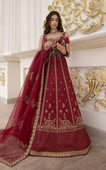 Pakistani Deep Maroon Embellished Silk Bridal Gown (2-Piece) - Image 2