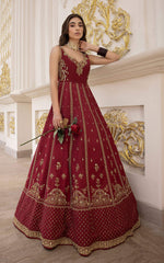 Pakistani Deep Maroon Embellished Silk Bridal Gown (2-Piece) - Image 4