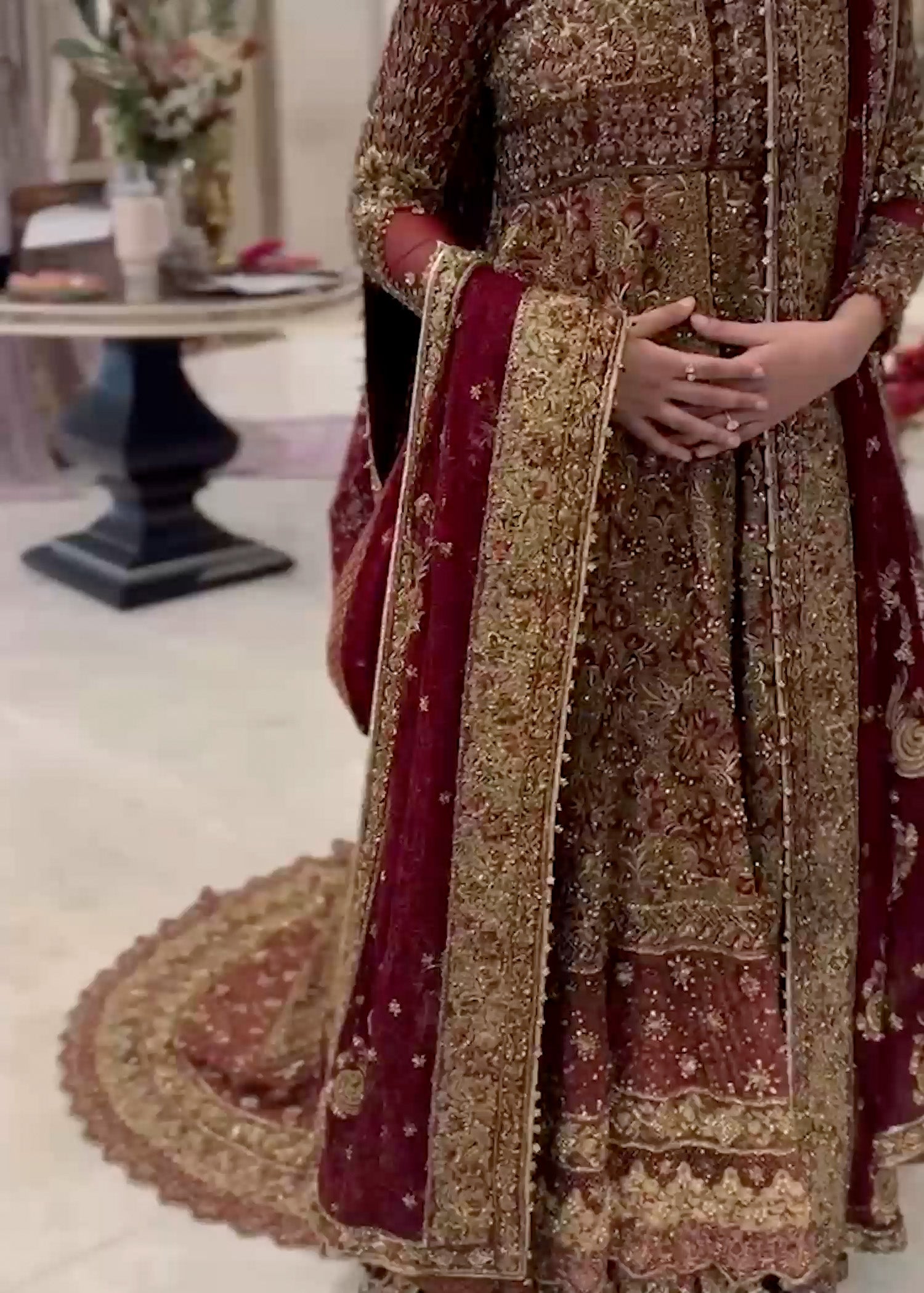 Pakistani Deep Maroon Gold Embellished Silk Velvet Bridal Gown (2-Piece) - Image 2
