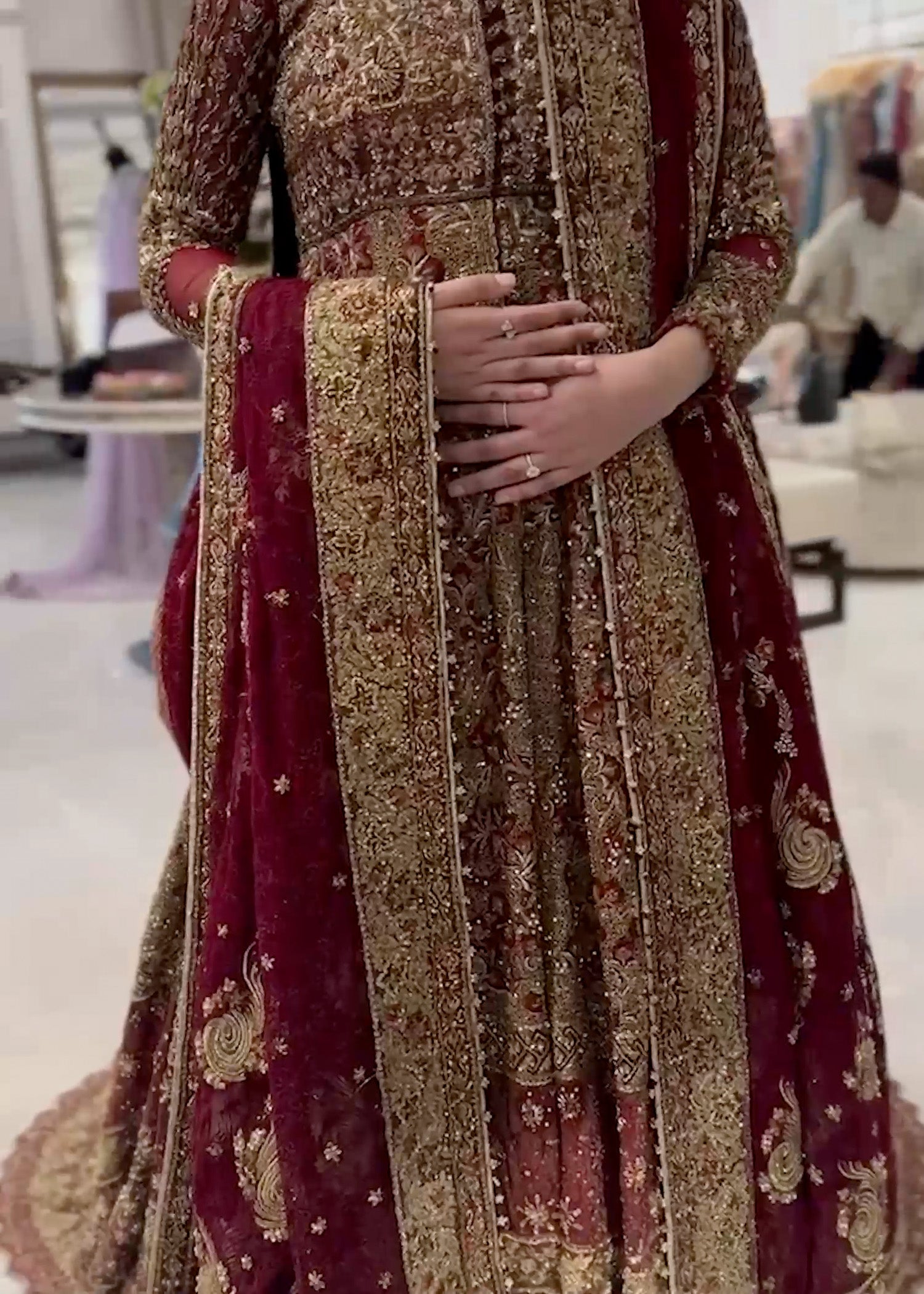 Pakistani Deep Maroon Gold Embellished Silk Velvet Bridal Gown (2-Piece) - Image 4