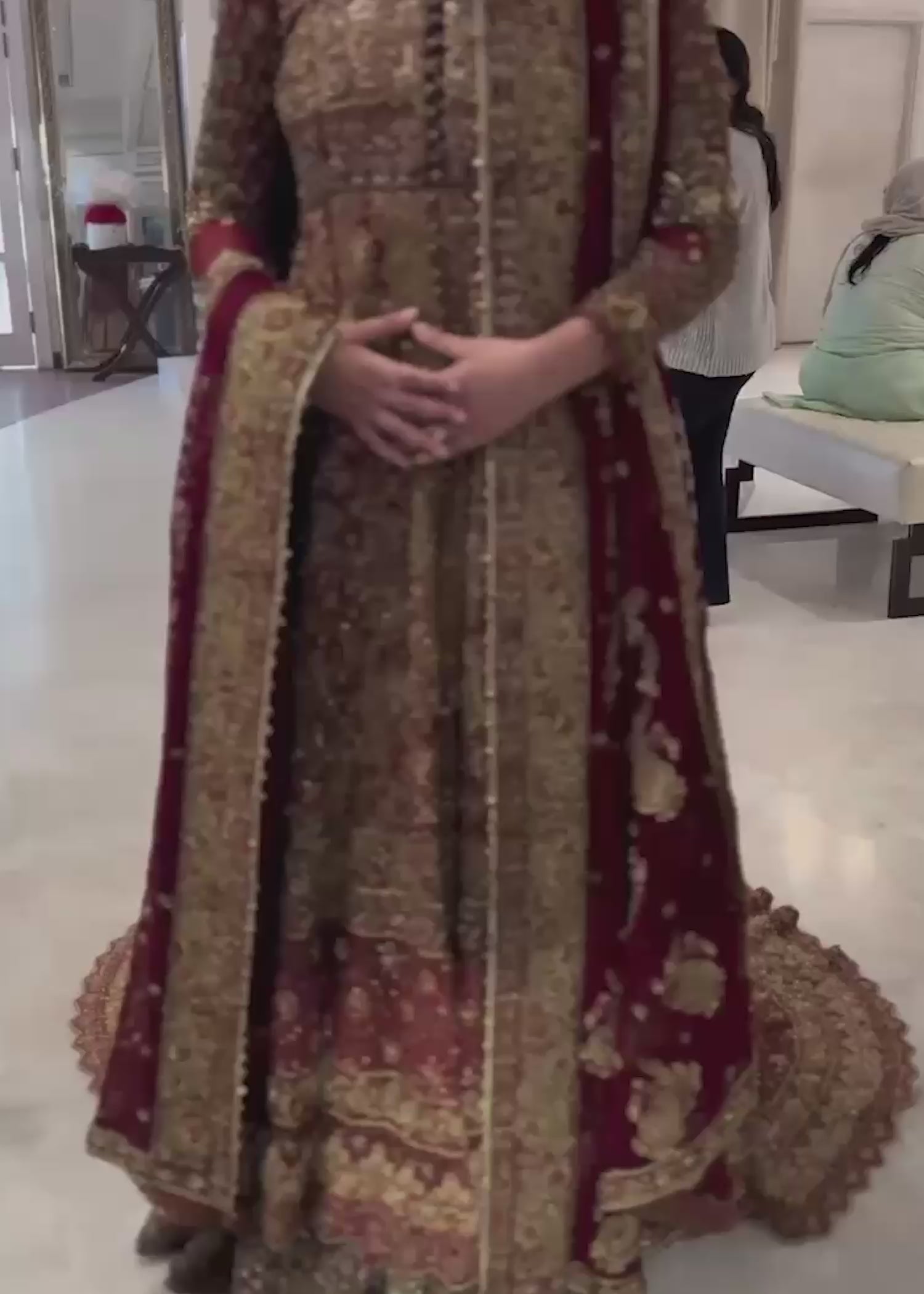 Pakistani Deep Maroon Gold Embellished Silk Velvet Bridal Gown (2-Piece) - Image 5