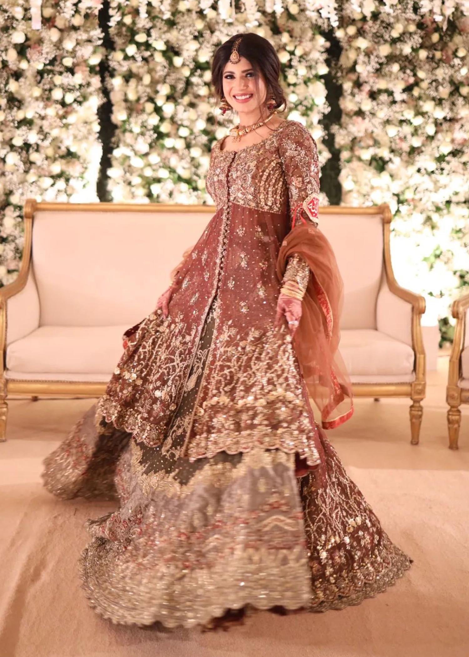 Rust Gold Zardozi Net Silk Bridal Gown (2-Piece) - Image 1