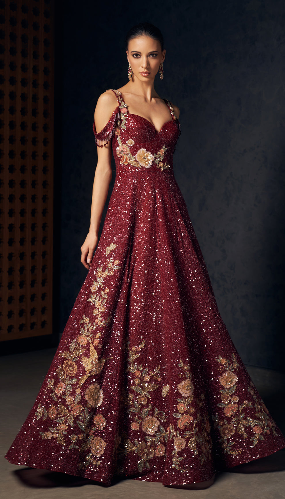 Indian Ruby Wine Embroidered Tulle Gown (1-Pc) - Image 1