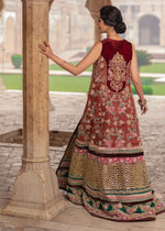 Pakistani Deep Maroon Embroidered Velvet Net Bridal Gown (1-Pc) - Image 3